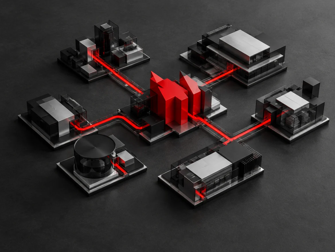 Architectural model of connected graphite and silver modules with a red central core